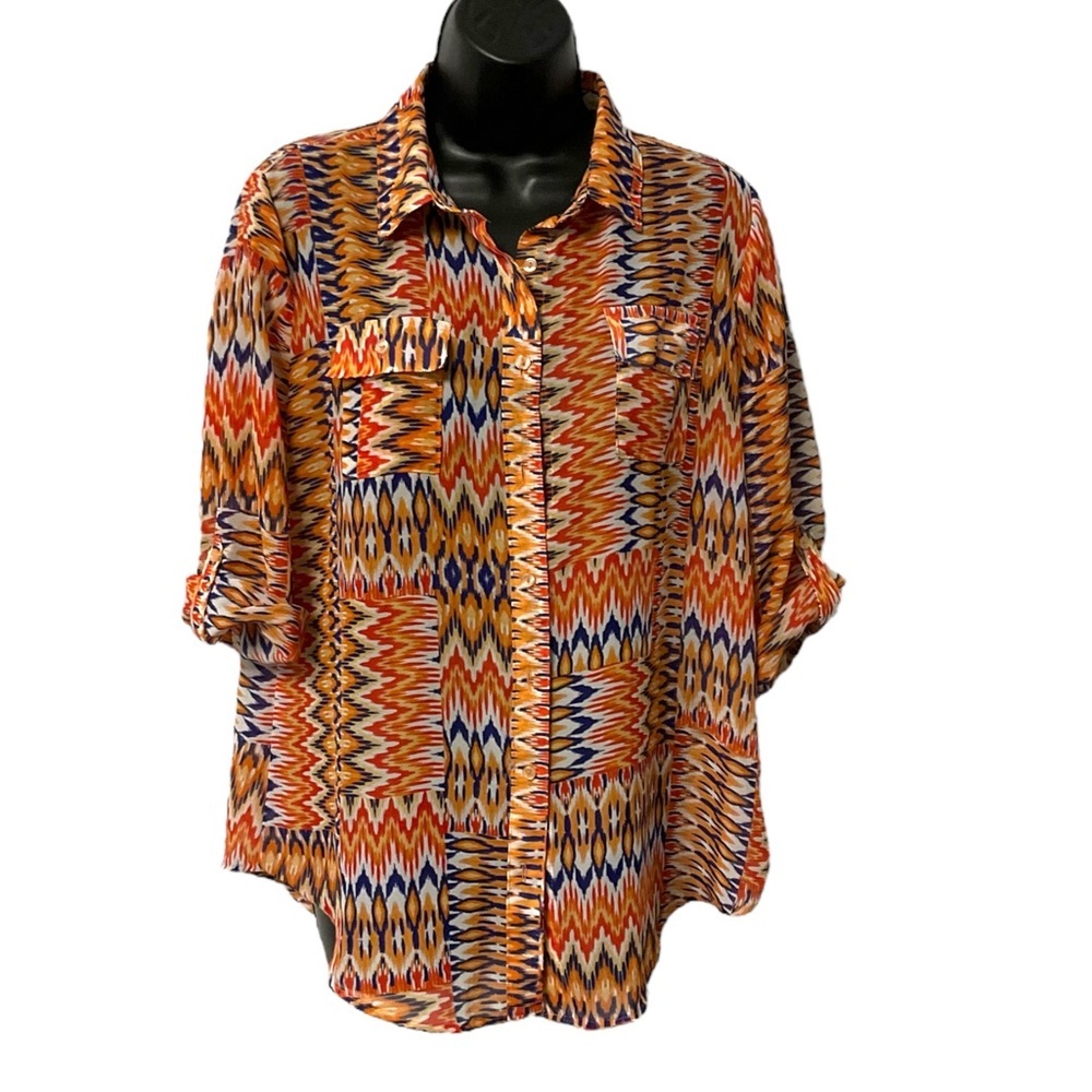 Easy Language Multicolor Blouse SZ L Women Aztec Botton‎ Up Shirt Retro Artsy
